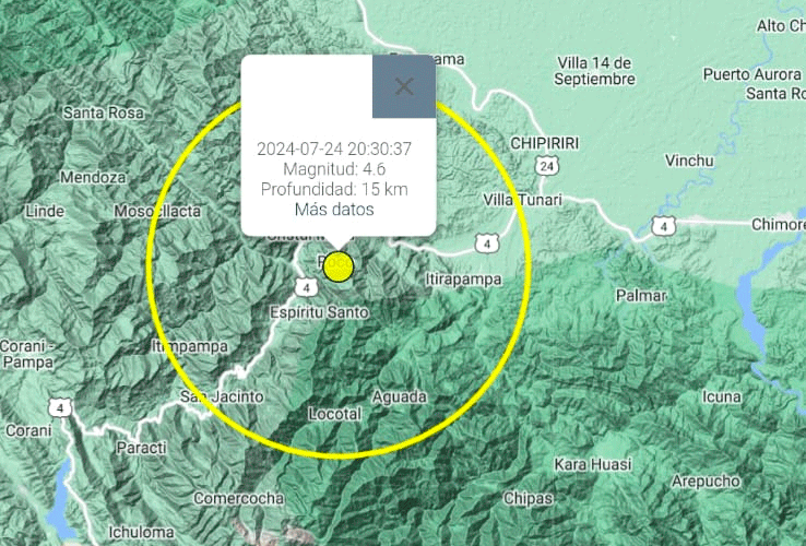 Reportan sismo de 4,6 en el departamento de Cochabamba con epicentro en el Chapare