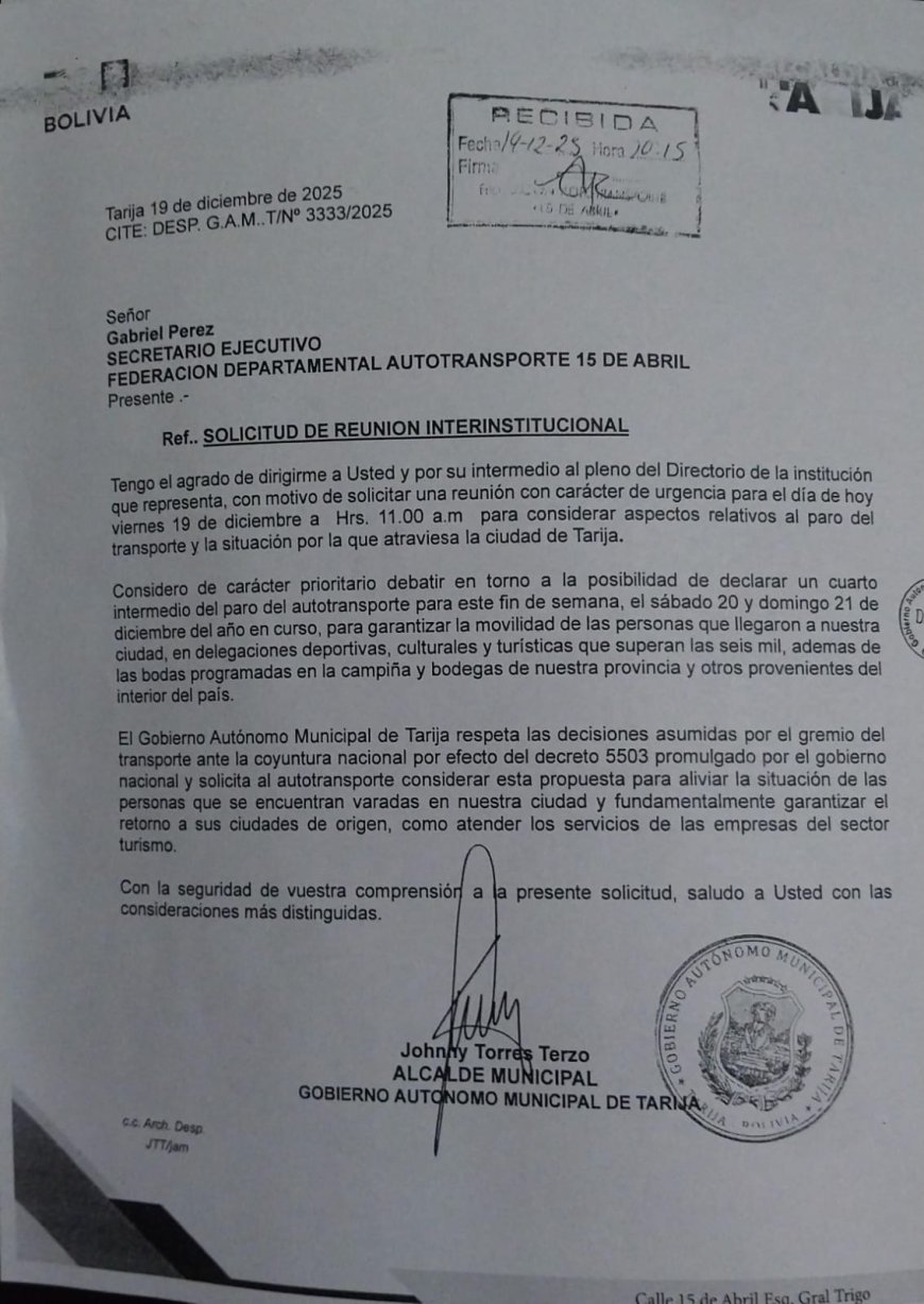 A través de una carta, Alcalde de Tarija pide al transporte un cuarto intermedio